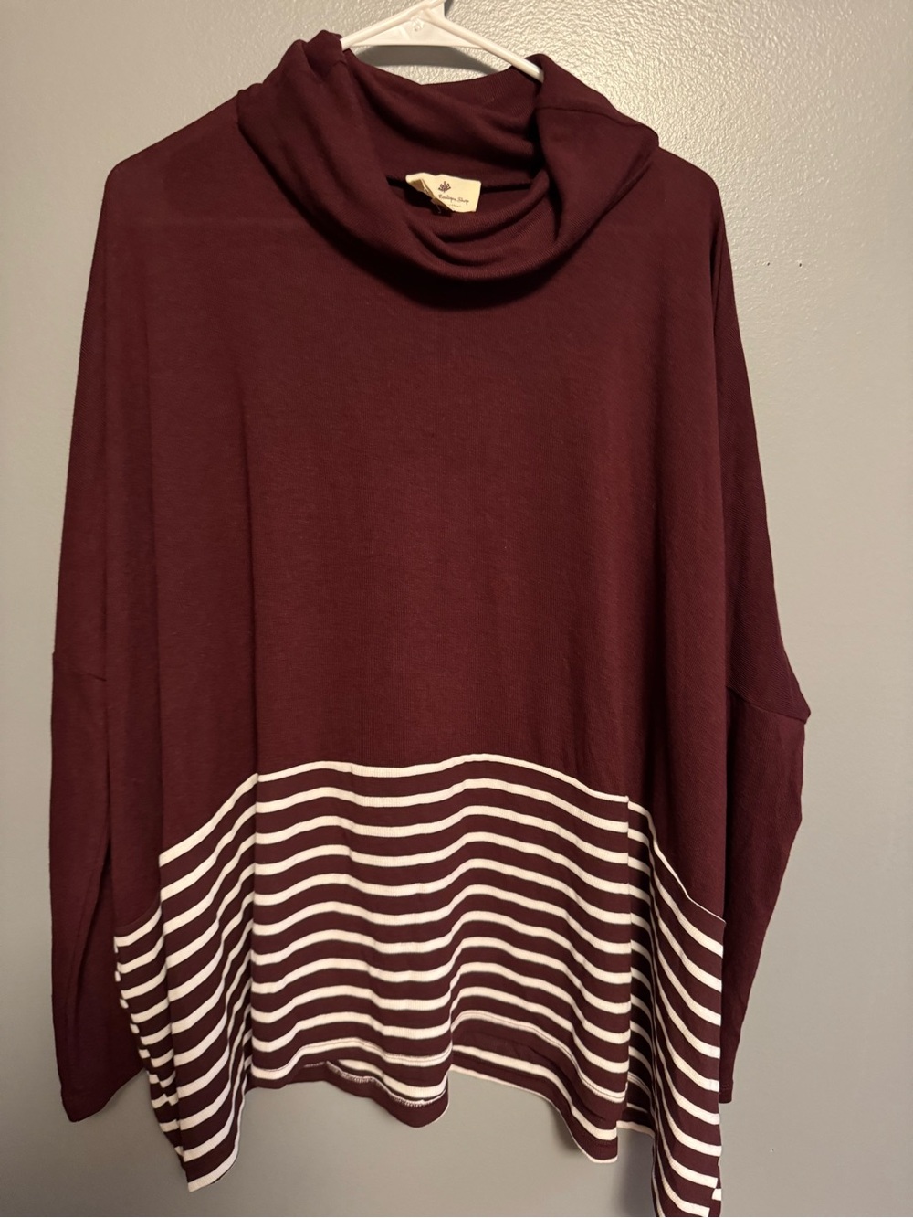 Soft Maroon Cowl Neck Sweater with White Stripe Hem
